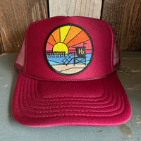 Hermosa Beach OBLIGATORY SUNSET High Crown Trucker Hat - Burgundy Maroon