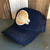 Hermosa Beach CLASSIC LOGO Premium Denim Trucker Hat - Navy/Gold Stitching
