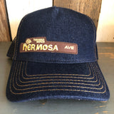 Hermosa Beach HERMOSA AVE Premium Denim Trucker Hat - Navy/Gold Stitching