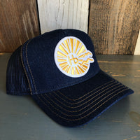 Hermosa Beach CLASSIC LOGO Premium Denim Trucker Hat - Navy/Gold Stitching